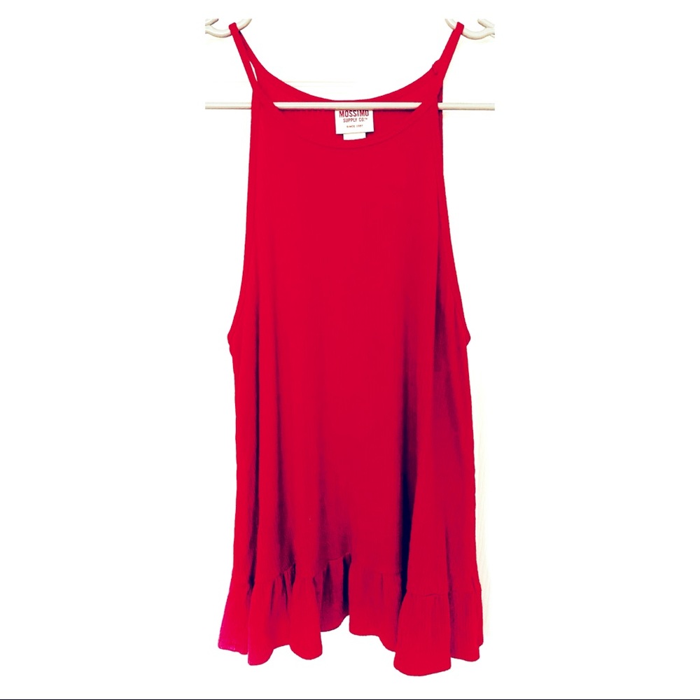 Scarlet ribbed tank with peplum and high neck.